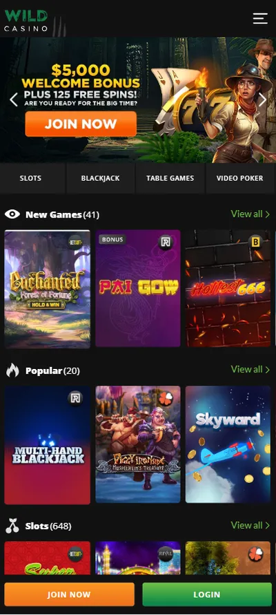 Wild Casino mobile homepage